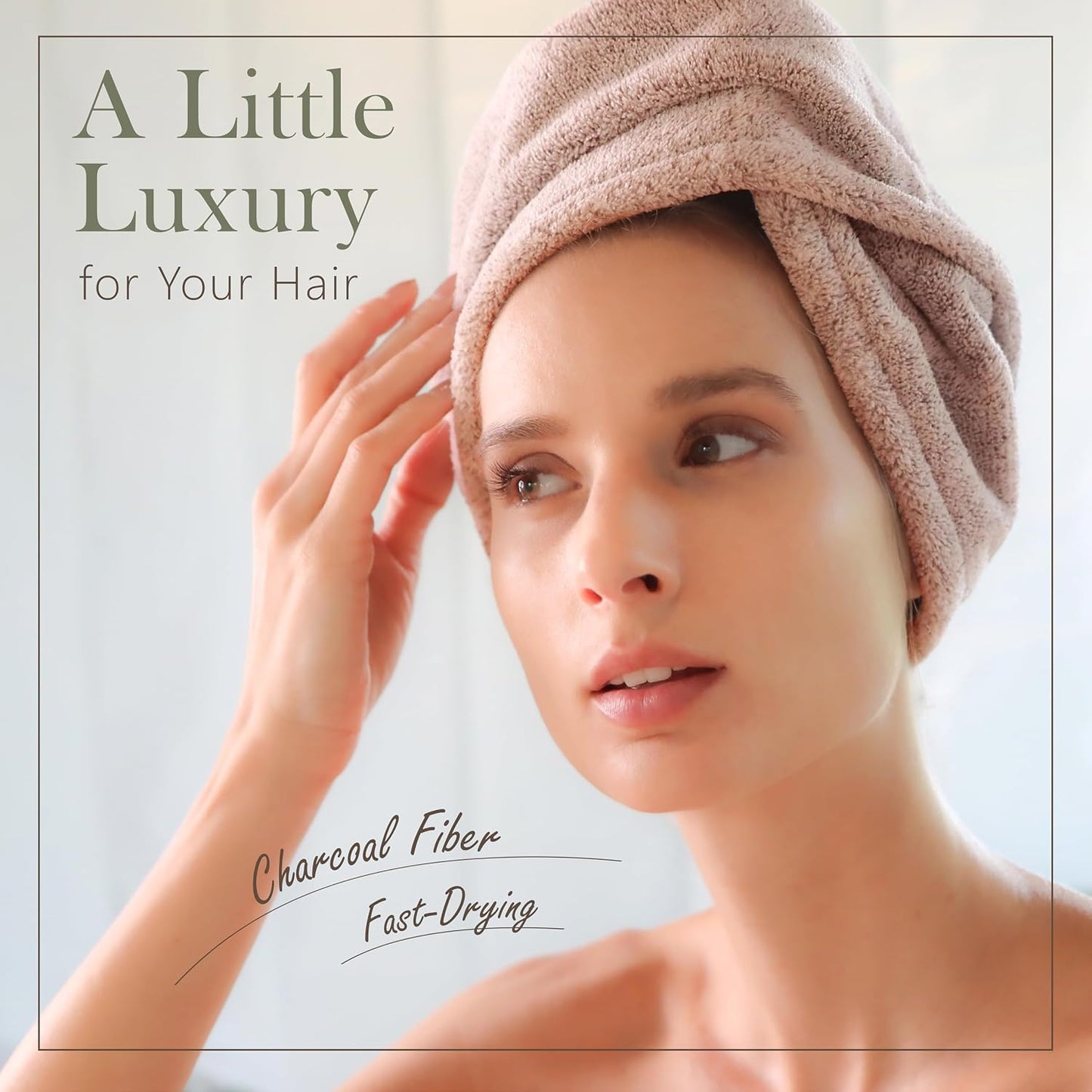 myHomeBody Hair Towel Wrap, Luxury Quick Drying Turban, Ultra Soft Absorbent Charcoal Fiber Cap, with Coconut Shell Button – Gray