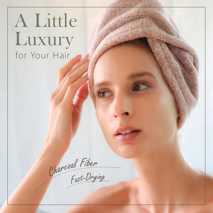 myHomeBody Hair Towel Wrap, Luxury Quick Drying Turban, Ultra Soft Absorbent Charcoal Fiber Cap, with Coconut Shell Button – Gray