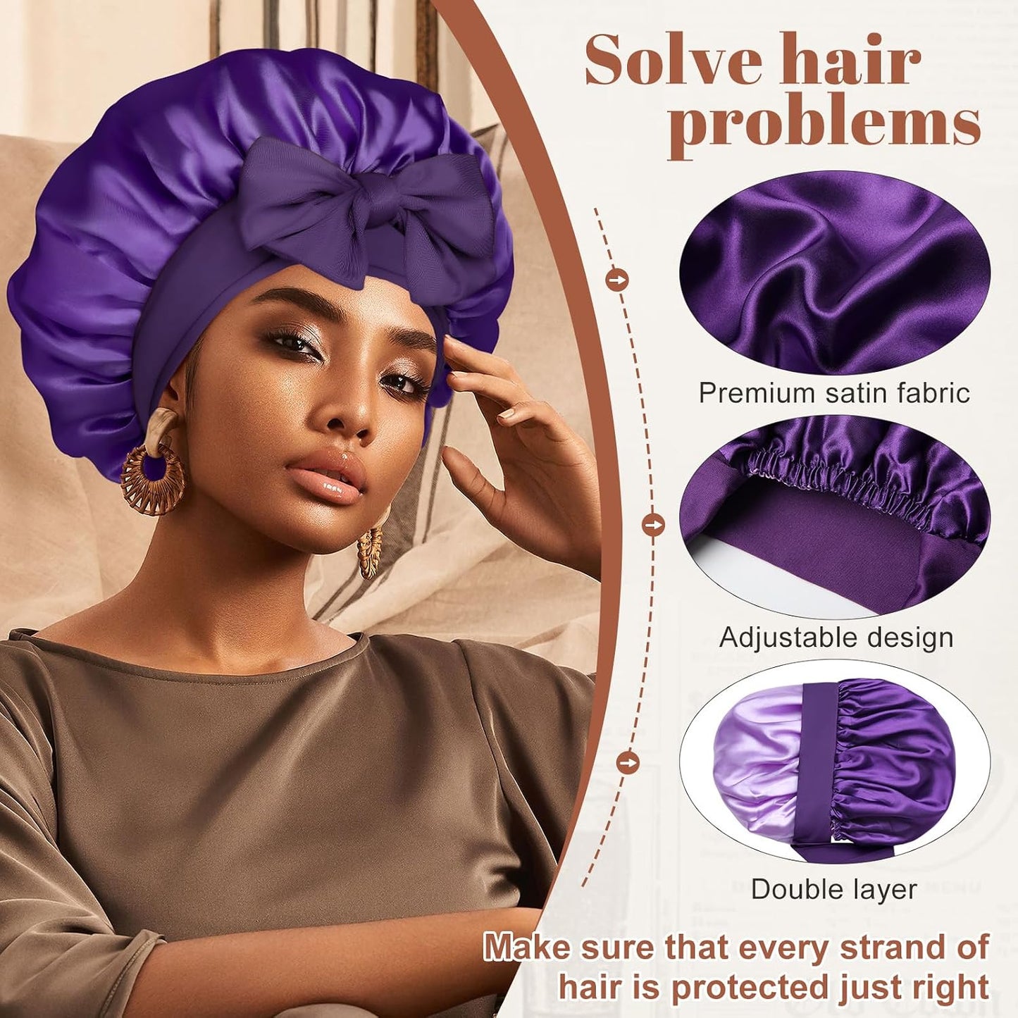 Satin Bonnet for Sleeping Cap Double Layer Hair Bonnet with Elastic Tie Band for Curly Hair Night Cap (Bean Paste + Pink)
