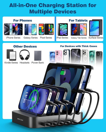 MSTJRY Charging Station for Multiple Devices : 5 Port Multi USB-A Charger Stations Multi-Device Organizer Charging Dock Designed for iPhone iPad Cell Phone Tablets (7 Short Cables Included)