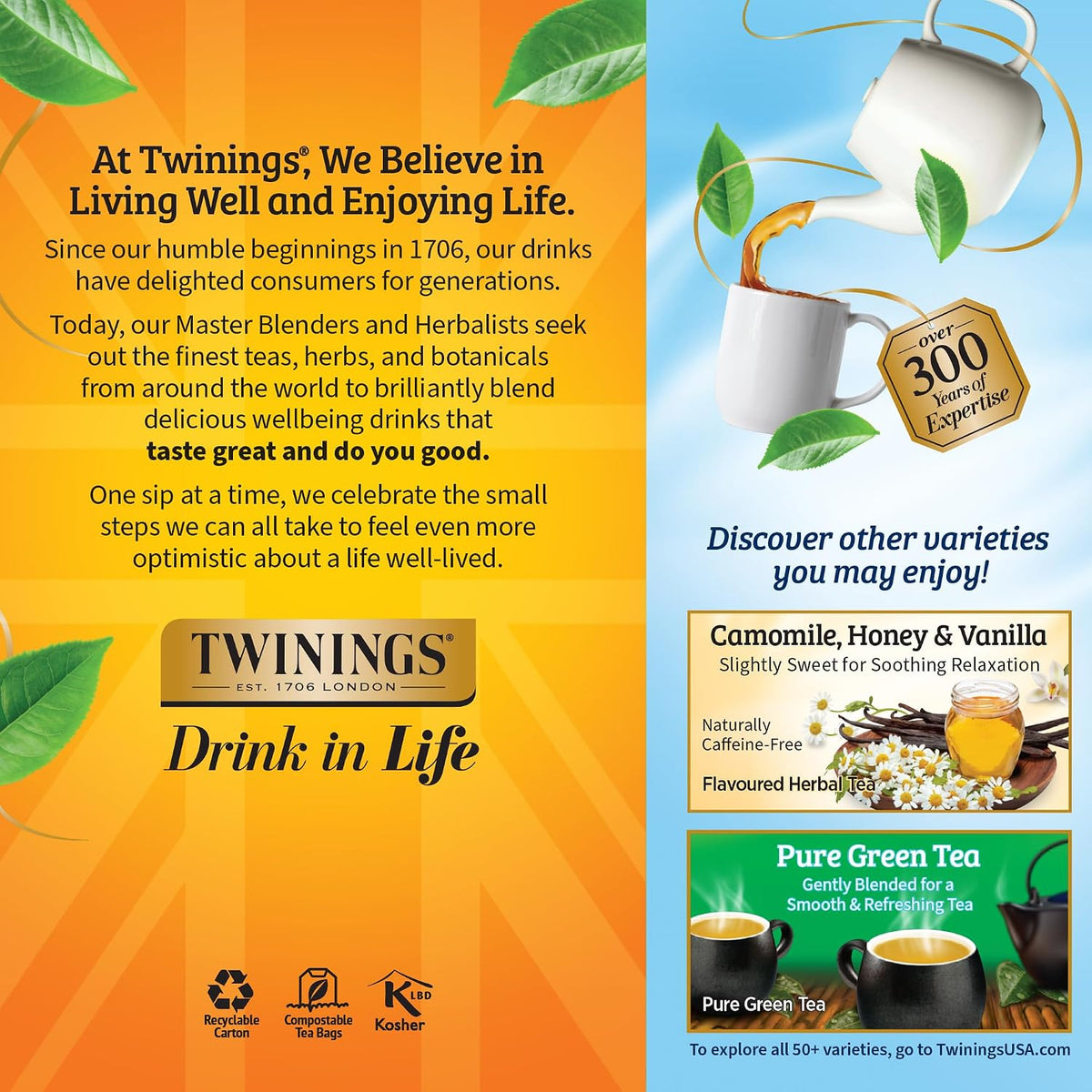 Twinings Pure Camomile Herbal Tea Individually Wrapped Bags, 25 Count (Pack of 6), Calming & Delicate, Naturally Caffeine-Free, Enjoy Hot or Iced, 150 Teabags