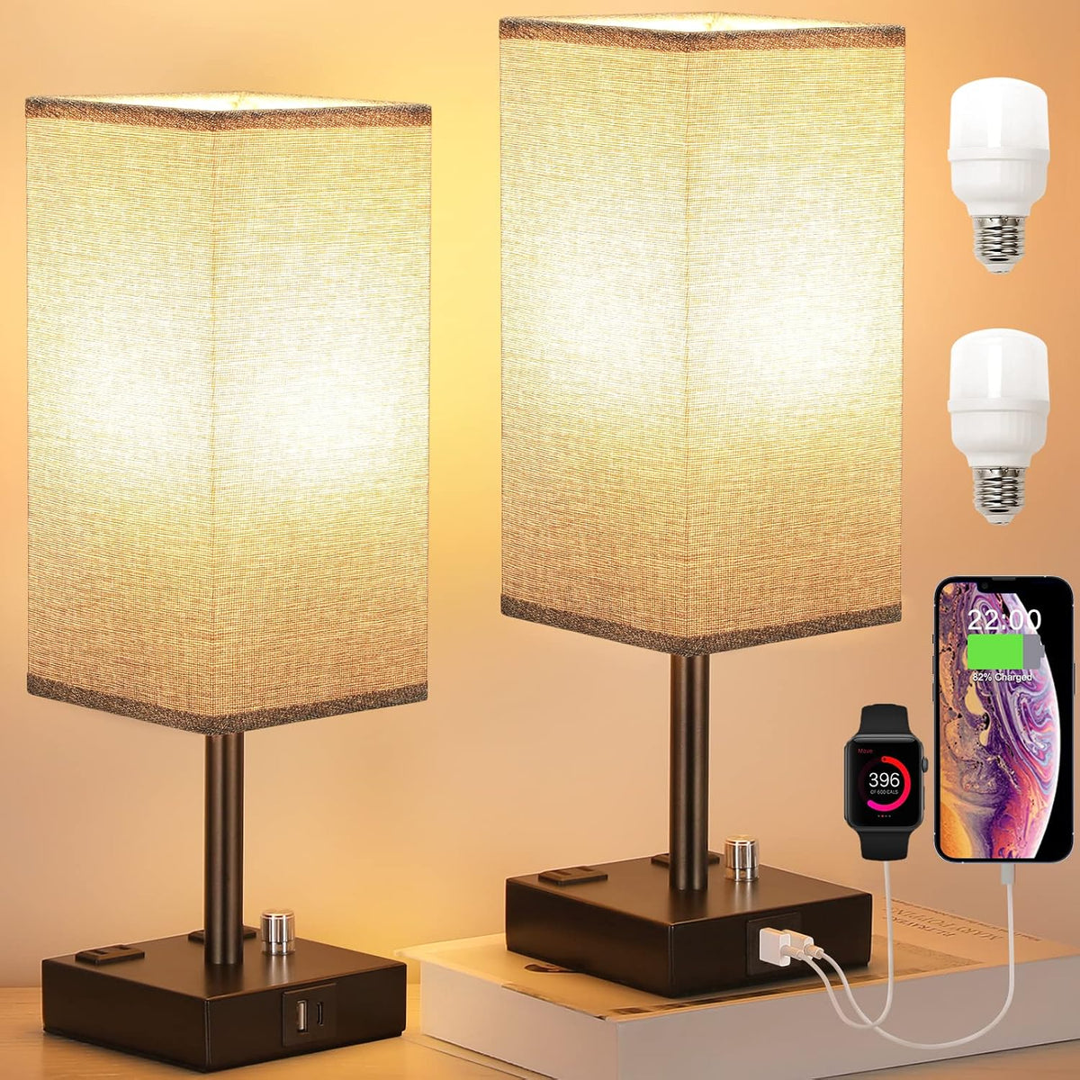 Bedside Table Lamps Set of 2 for Bedroom - Dimmable, USB C+A, 2 AC Outlets