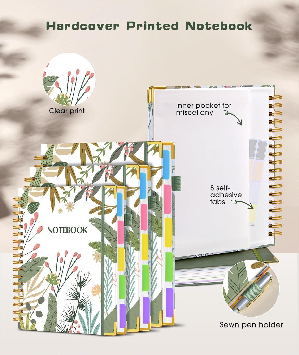 Hardcover Spiral Notebook journal with Removable Dividers Tabs, 300 Pages Leather 5 Subject Notebook College Ruled, 8"x10" Large B5 Notebooks for Work School Note taking, Lined Journal for Women,Black