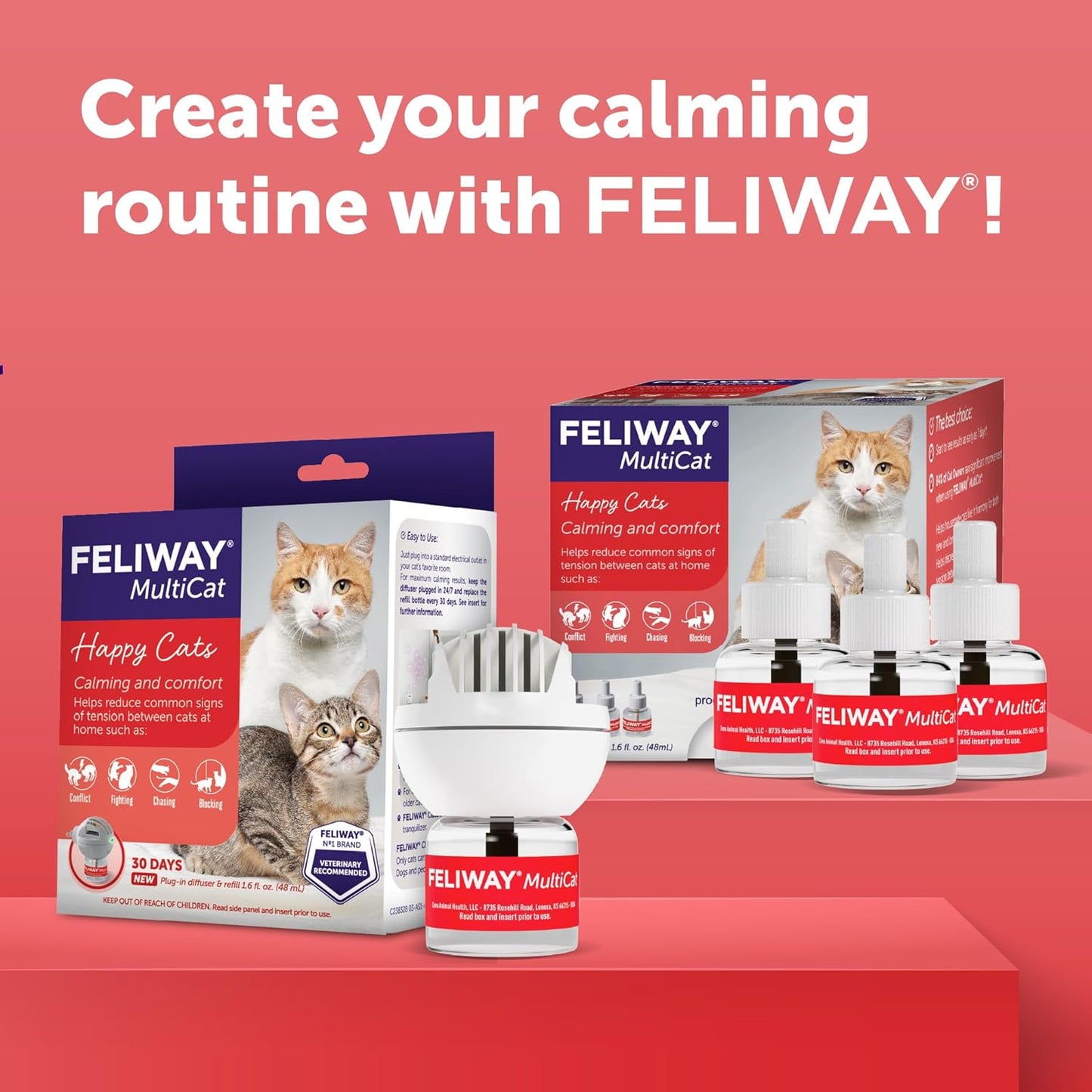 FELIWAY MultiCat 30 Day Cat Calming Plug In Pheromone Diffuser Starter Kit, 48ml - Helps Reduce Conflicts and Signs of Tension in Multi-Cat Households