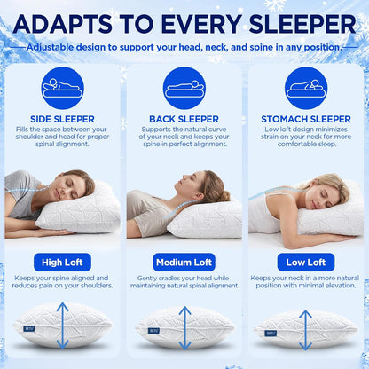 BETU Cooling Pillow Queen Size, Shredded Memory Foam Pillow for Hot Sleepers, Adjustable Firm Soft Support Pillows, Cool Bed Pillows for Side Back Stomach Sleeping Sleepers, gifts for boyfriend, White