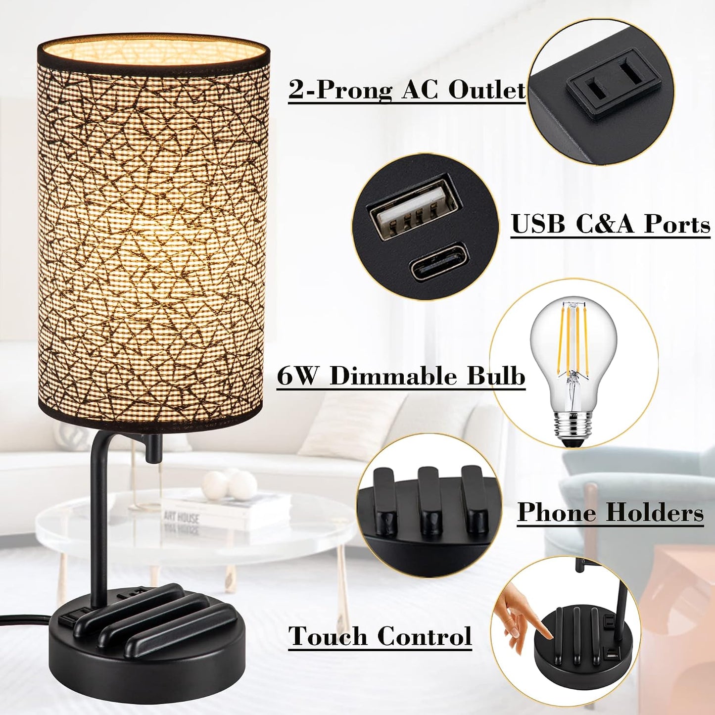 Dreamholder Touch Control USB Table Lamp, Upgraded 3-Way Dimmable Bedside Desk Lamp with USB C & A Charging Ports and AC Outlet, Nightstand Lamp for Bedroom, Dimmable 9W LED Bulb Included