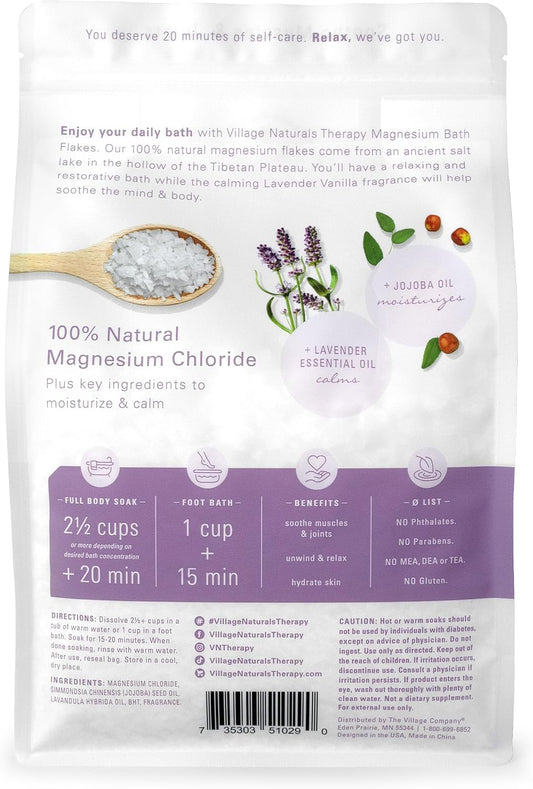Village Naturals Therapy Calm Magnesium Bath Flakes, Lavender Vanilla Scent, 2.5 lbs