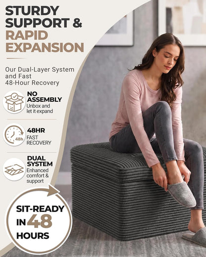 23.6in Pouf Ottoman, Corduroy Ottoman Foot Rest with Dual‑Layer Support, Large Plush Pouf with Soft Chunk‑Foam Top & Firm Foam Base, Floor Foot Stool for Living Room, Beige