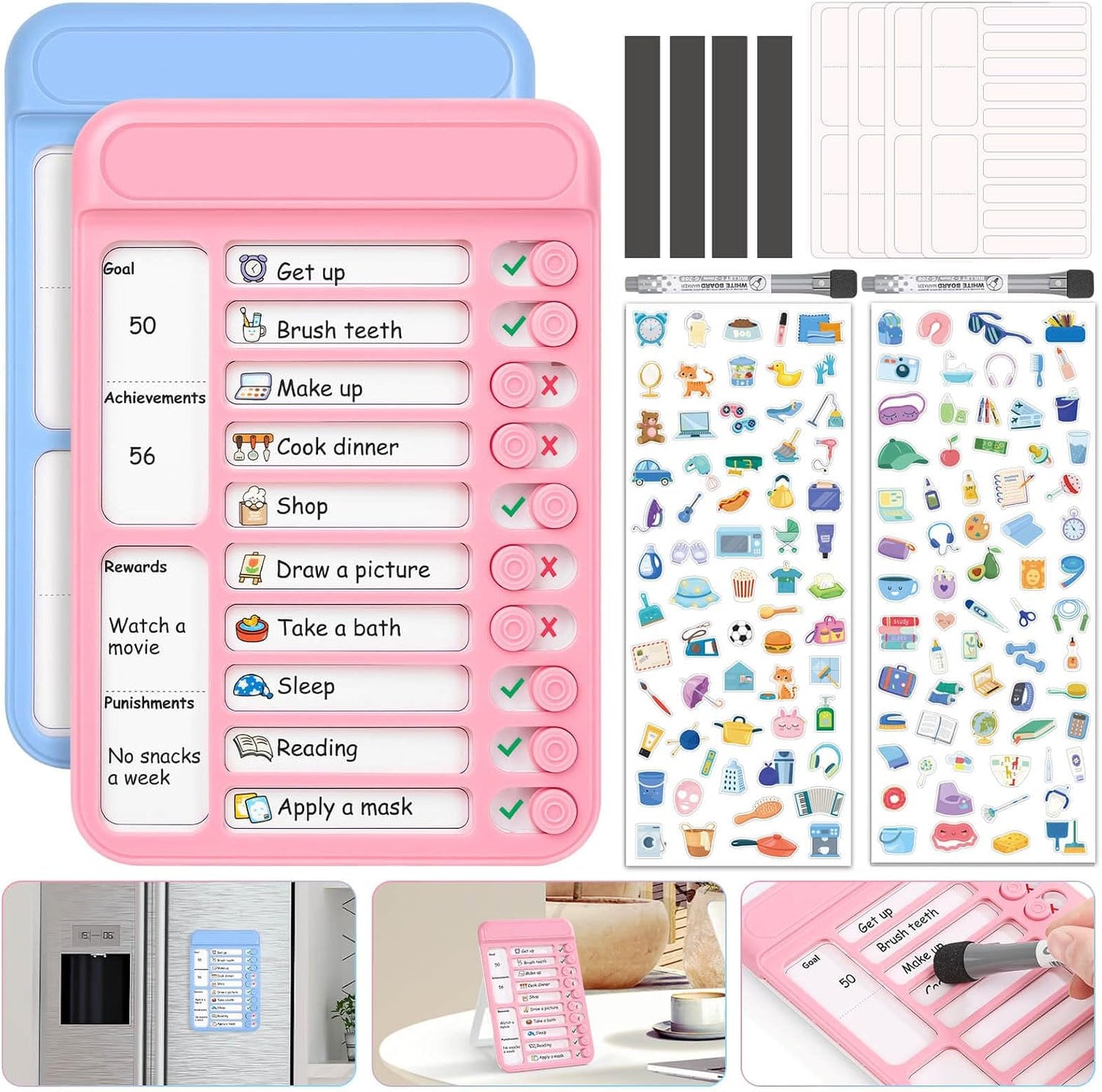 Audab Dry Erase Chore Chart for Kids, Magnetic Whiteboard Checklist Board, Chore Checklist Slider to Do List Board, Daily Routine Chart Schedule Board Task Tracker for Home Refrigerator, Wall, Desk
