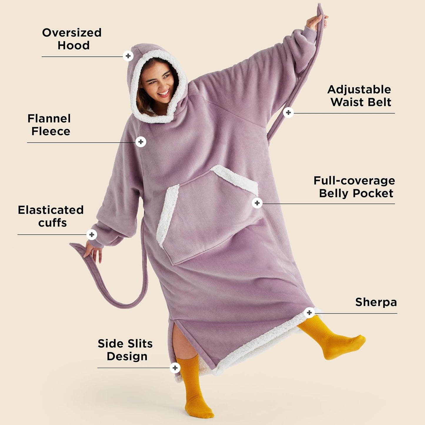 Bedsure Wearable Blanket Hoodie, Long Hooded Blanket Sweatshirt as Mothers Birthday Gifts for Women, Cozy Sherpa Hoodie for Adult, Standard, Grey