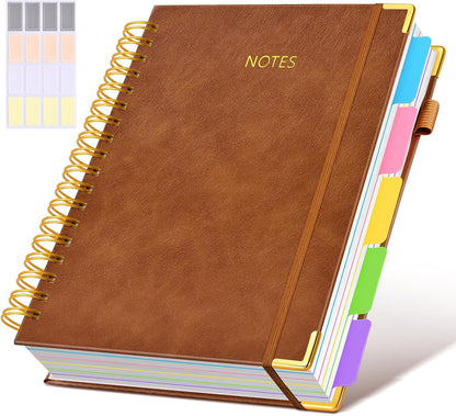 Hardcover Spiral Notebook journal with Removable Dividers Tabs, 300 Pages Leather 5 Subject Notebook College Ruled, 8"x10" Large B5 Notebooks for Work School Note taking, Lined Journal for Women,Black