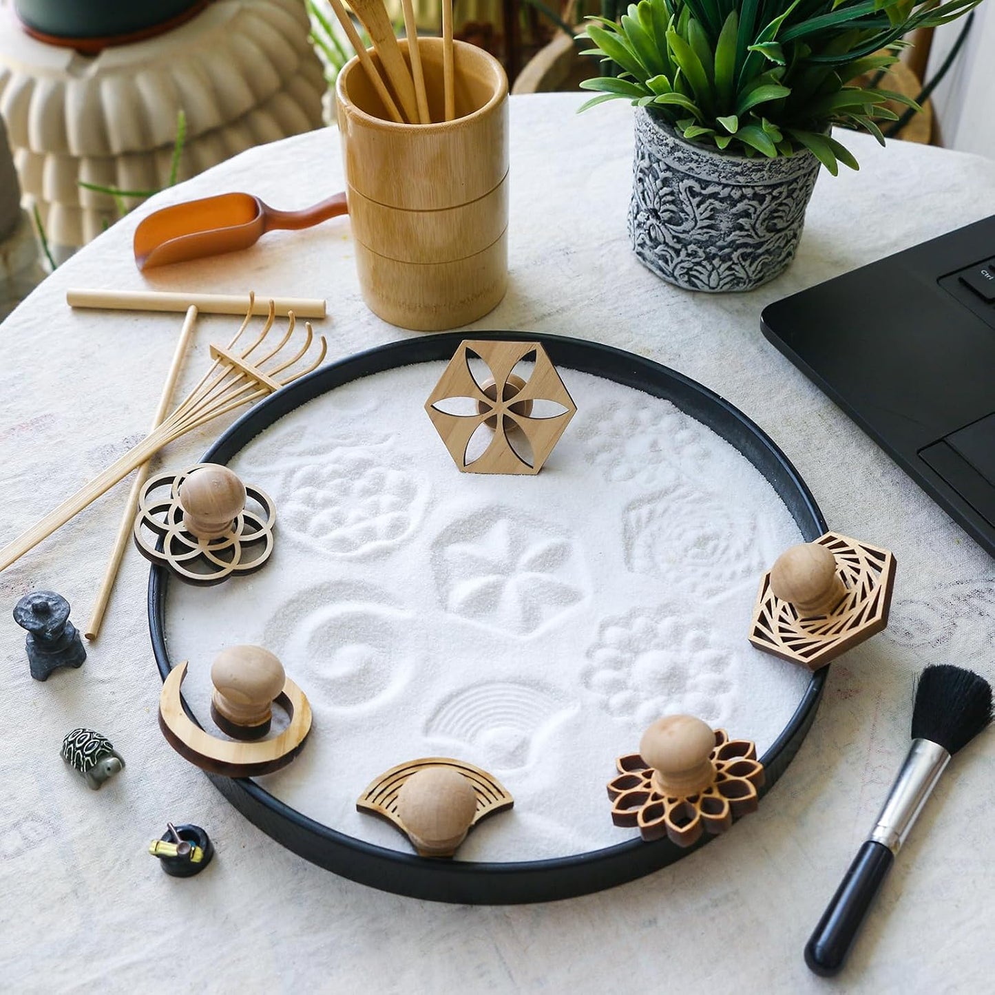 Zen Garden Rake Stamp Tools - Meditation Rock Sand Garden Accessories – Office Desktop Mini Zen Gifts for Man Women Bamboo Rakes Holder Brusher Spoon Figurines