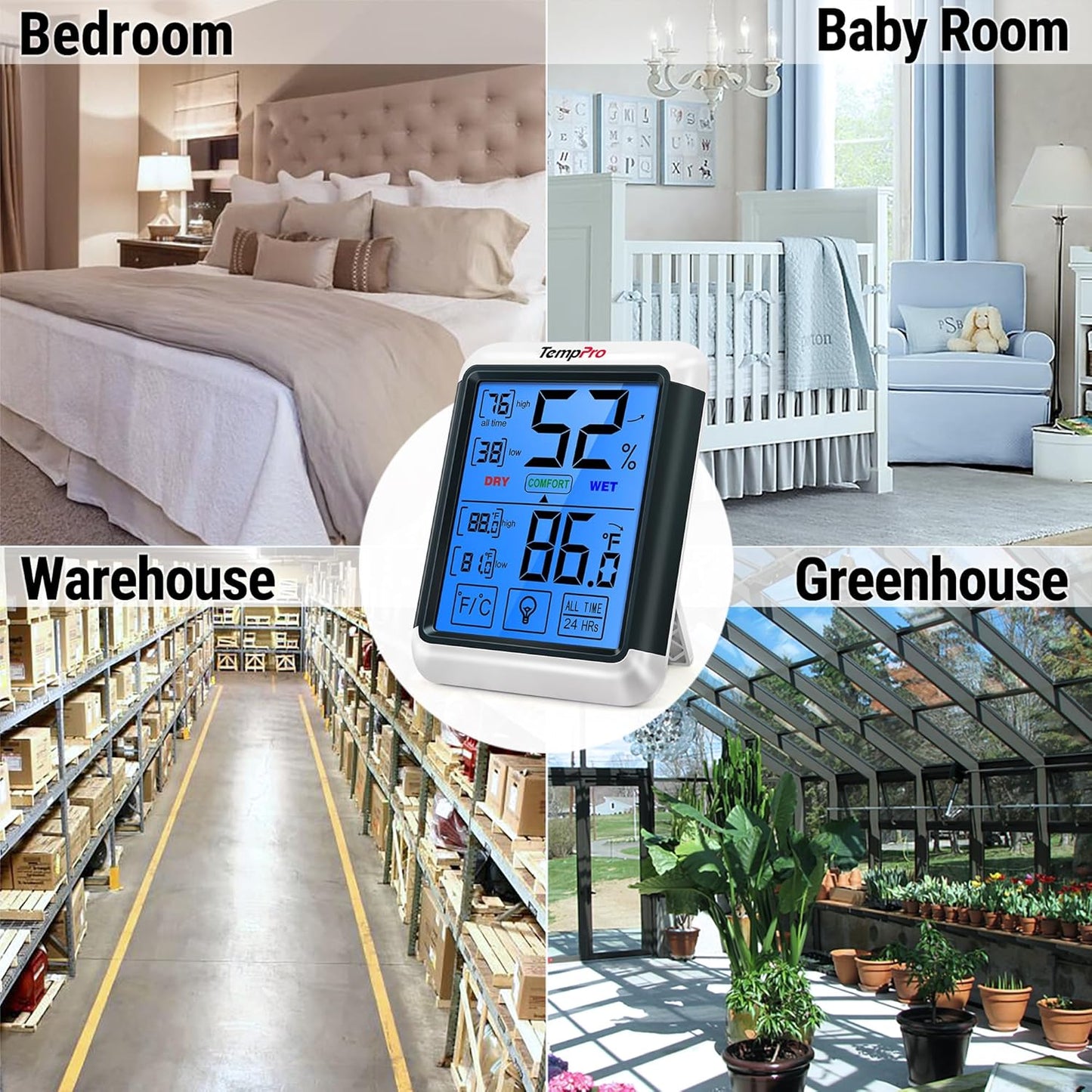 TempPro TP55 Digital Indoor Hygrometer Thermometer, 4-Inch Temperature/Humidity Monitor with Touchscreen and Backlit, Room Thermometer/Humidity Meter for House Home Greenhouse (Previously ThermoPro)