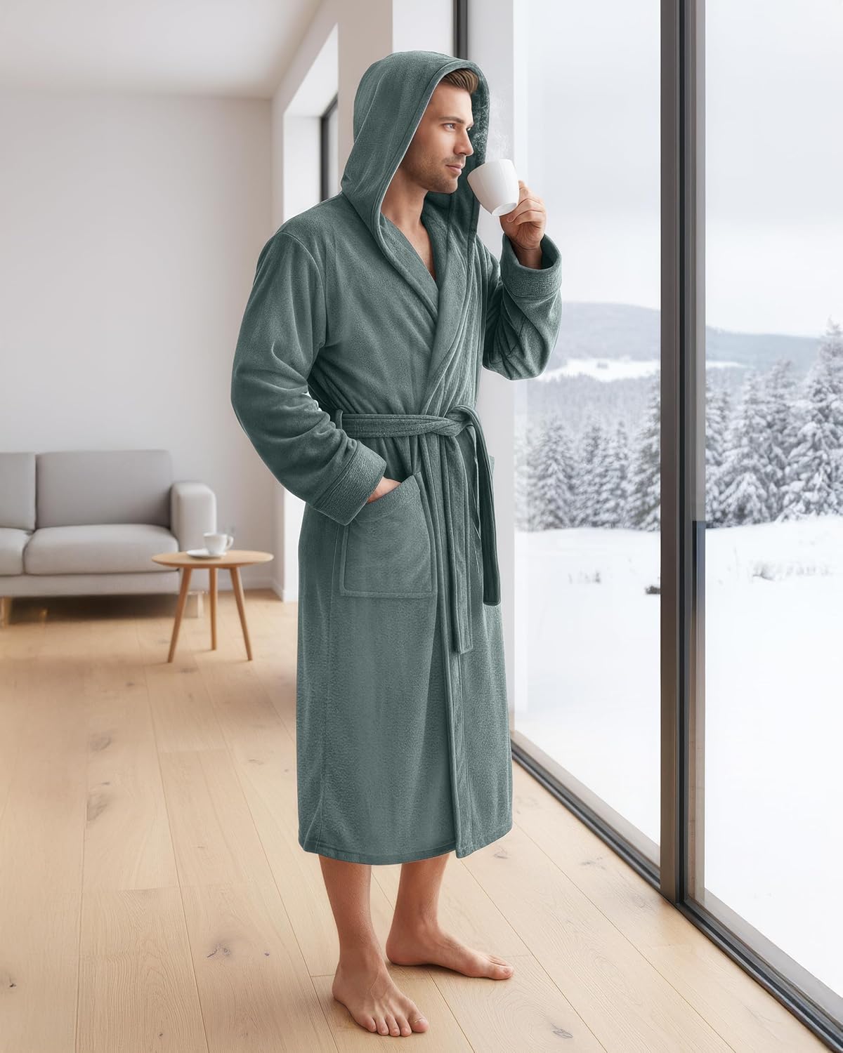 NY Threads Mens Robe with Hood, Luxury Plush Fleece Hooded Mens Bathrobe, Spa Bath Robe for Men