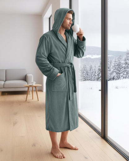 NY Threads Mens Robe with Hood, Luxury Plush Fleece Hooded Mens Bathrobe, Spa Bath Robe for Men