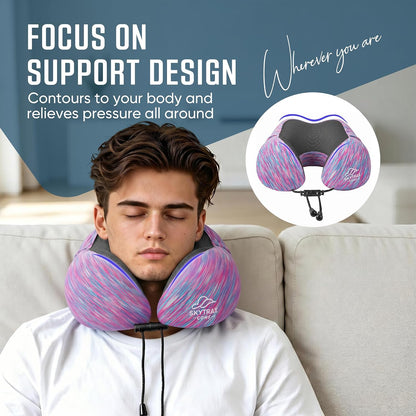 SkytraxComf® Travel Neck Pillow with Hood for Privacy on Long Flights | Memory Foam | Airplane Sleep | Safety-Tested Materials | Extra Large Hood | Chin Support | Earplugs | Washable Cover