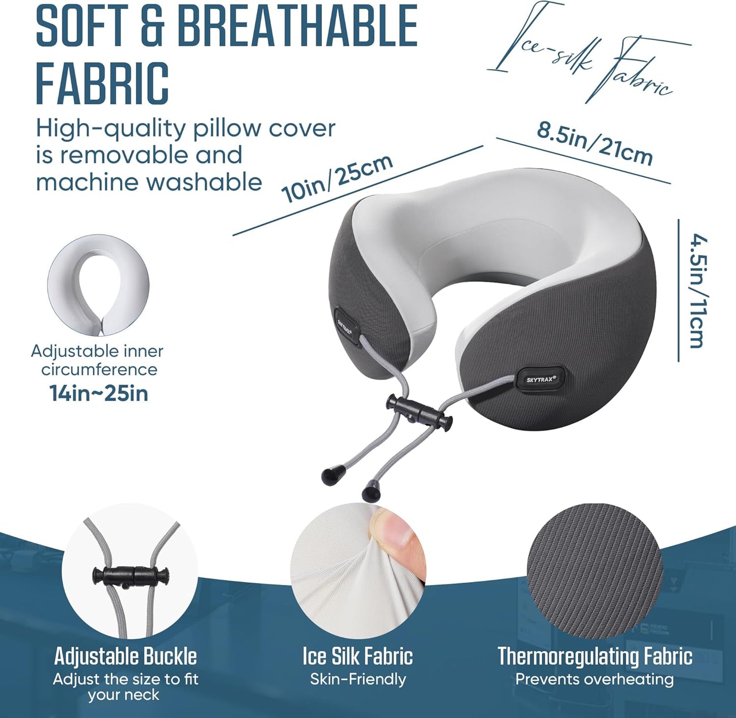 SKYTRAX COMF® Premium Ergonomic Memory Foam Travel Neck Pillow, Washable Cooling Ice Silk Cover, Firm Neck Support for Airplane Long Flights & Pain Relief, with Portable Carry Case (Grey)