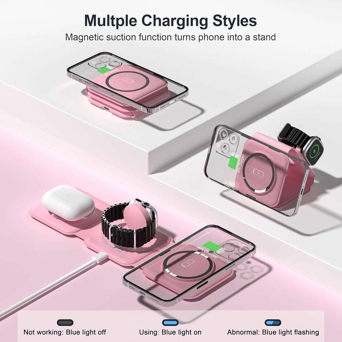 3 in 1 Charging Station for Multple Devices,Foldable 3 in 1 Wireless Charger for Travel,NANO Wireless Charging Station for iPhone17 16 15 14 13 12 Pro Max/Watch 10 9 8 7 6 5 4 3 Ultra/AirPod Pro