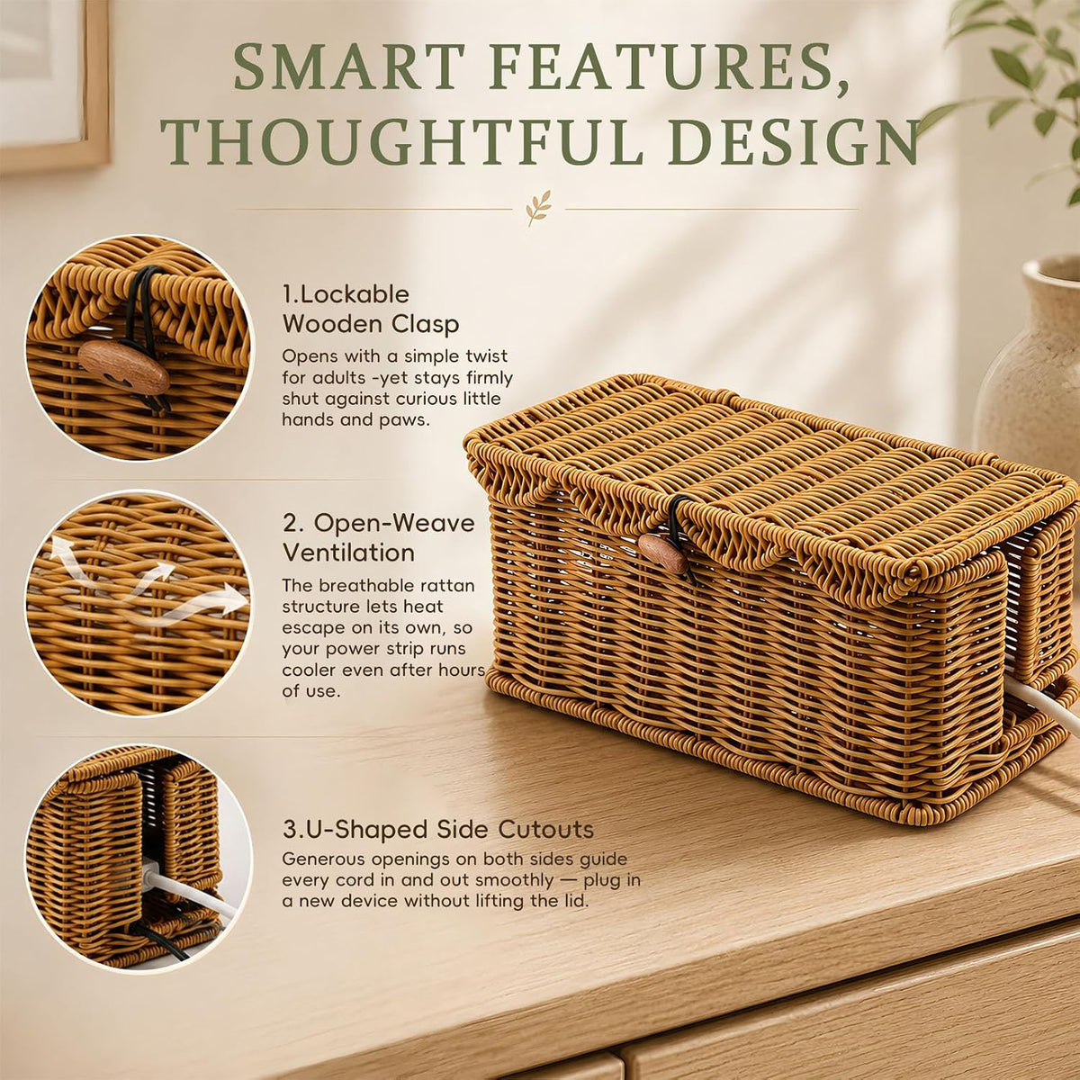 2 Pack Rattan Cable Management Box for Power Strip with 2 Exits