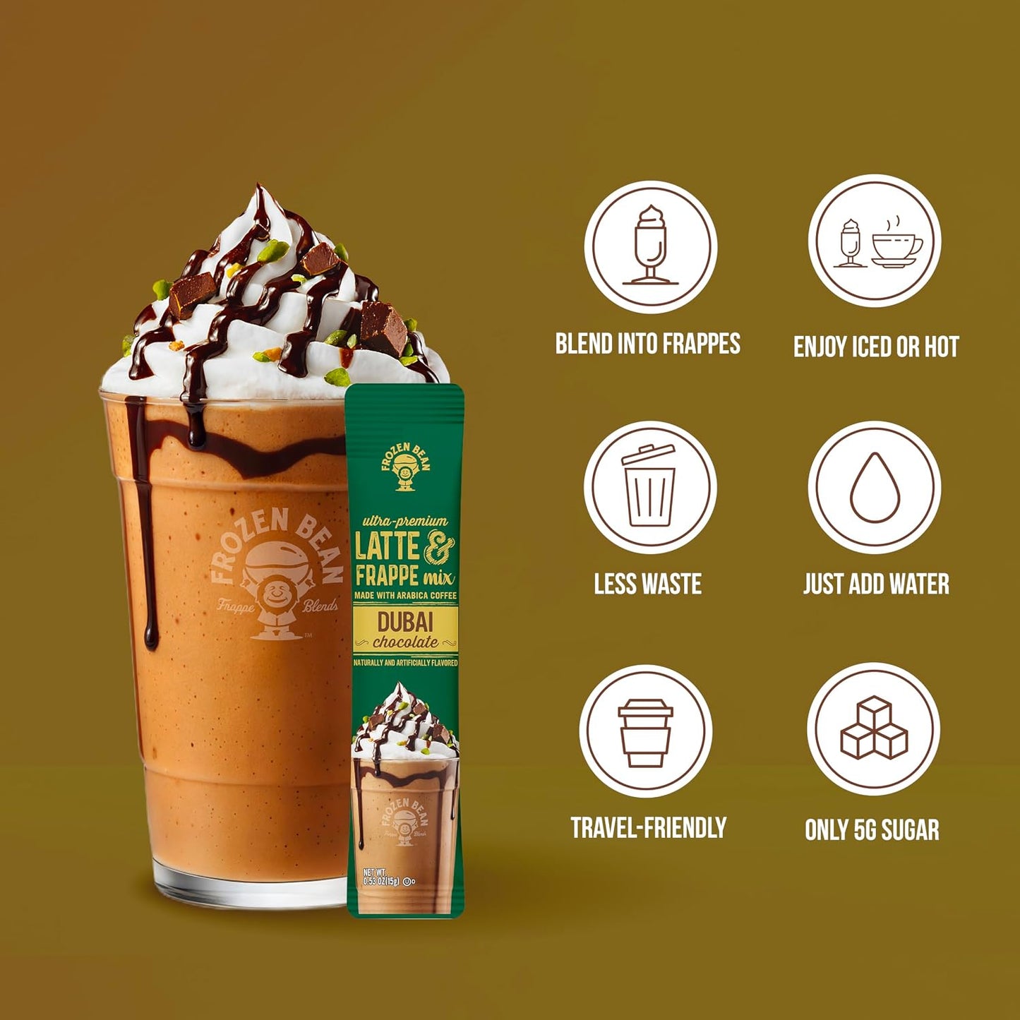The Frozen Bean Vanilla Bean Frappe & Latte Instant Mix (10 Sticks), Made with Arabica Coffee, Double Shot Caffeine, Low Sugar & Premium Ingredients, Hot, Iced, or Blended Drinks