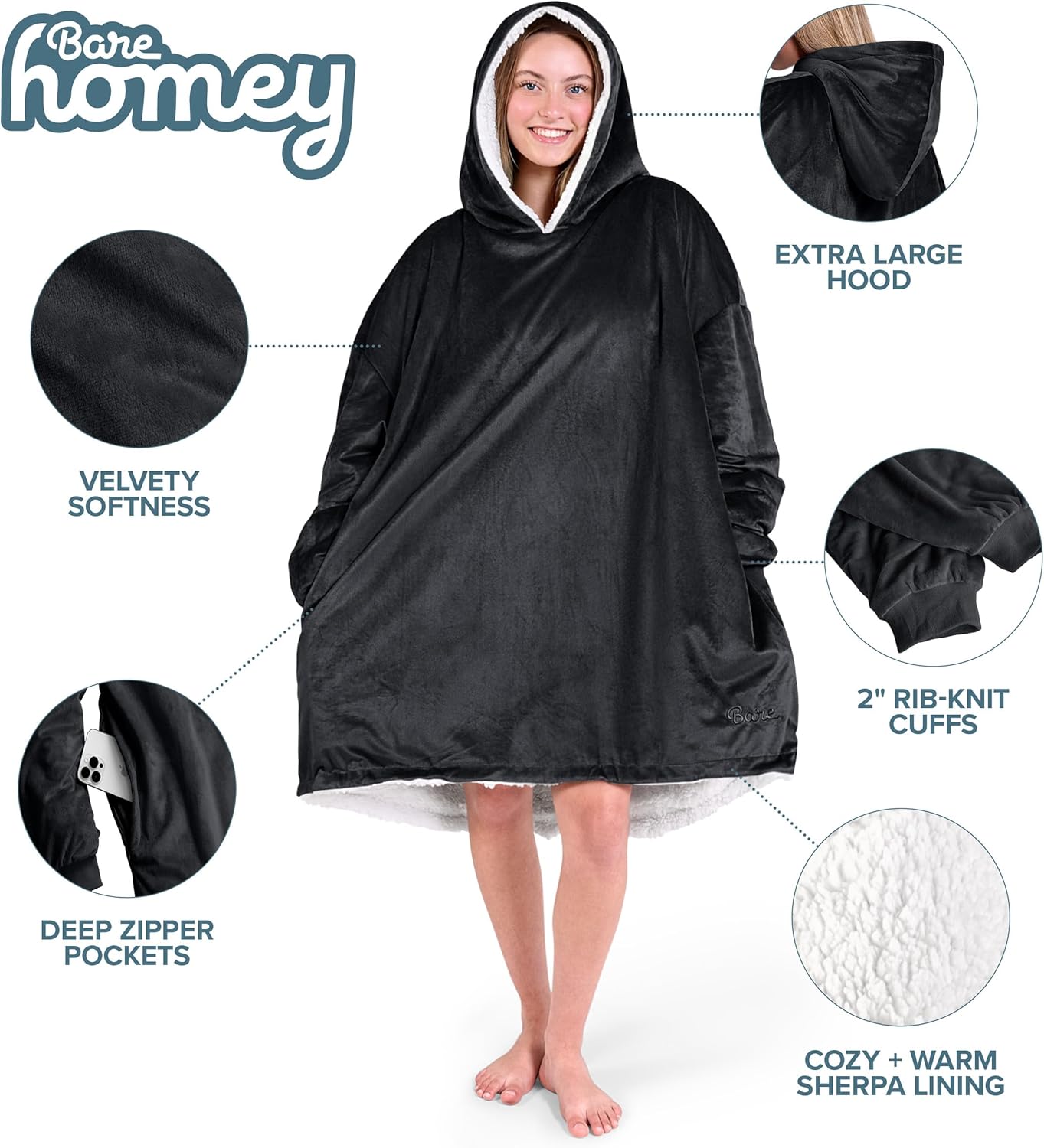 Bare Home Wearable Blanket Hoodie - Soft Plush Sherpa - Warm and Cozy - Oversized Wearable Blanket