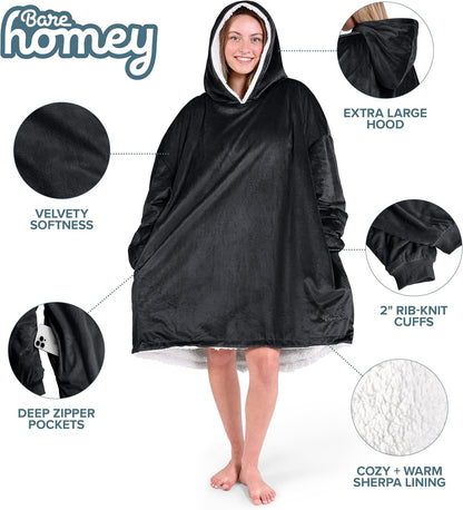 Bare Home Wearable Blanket Hoodie - Soft Plush Sherpa - Warm and Cozy - Oversized Wearable Blanket