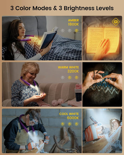 Glocusent Book Light, 3-Color & 6-Brightness Reading Light, Bendable Neck Light, 80-hr Lasting Rechargeable Book Light, Perfect Reading Lights for Books in Bed, Knitting, Repairing, Book Lovers Gifts