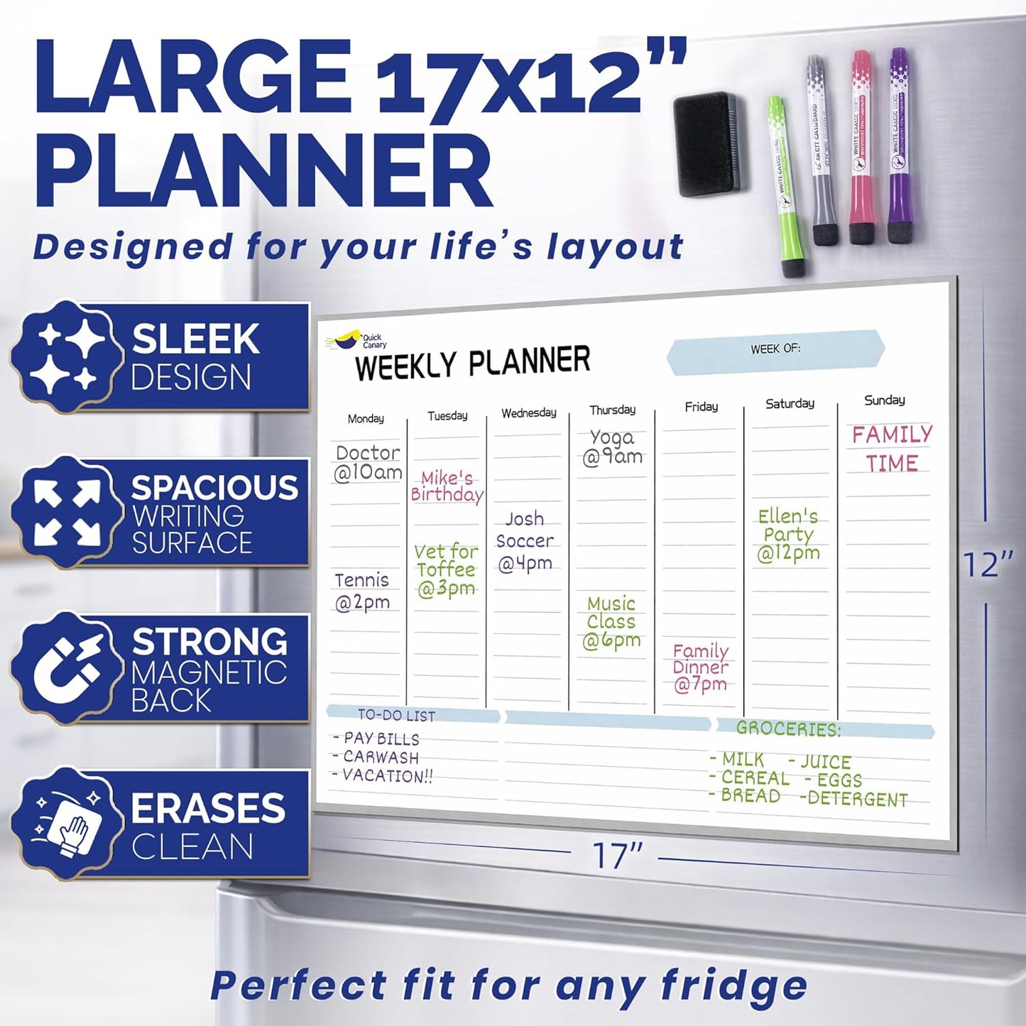 Monthly Magnetic Calendar for Refrigerator - 17x12” Stain-Resistant Dry Erase Fridge Calendar Whiteboard with Large Writing Space for Schedules, Chores & Meals - With 4 Markers & Eraser - Sunday Start