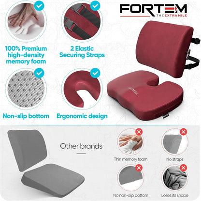 FORTEM Seat Cushion, Office Chair Cushion, Lumbar Support Pillow for Office Chair, Memory Foam Car Seat Cushions, Sciatica Coccyx Tailbone Pain Relief, Cushions for Back Support, Washable, Non Slip