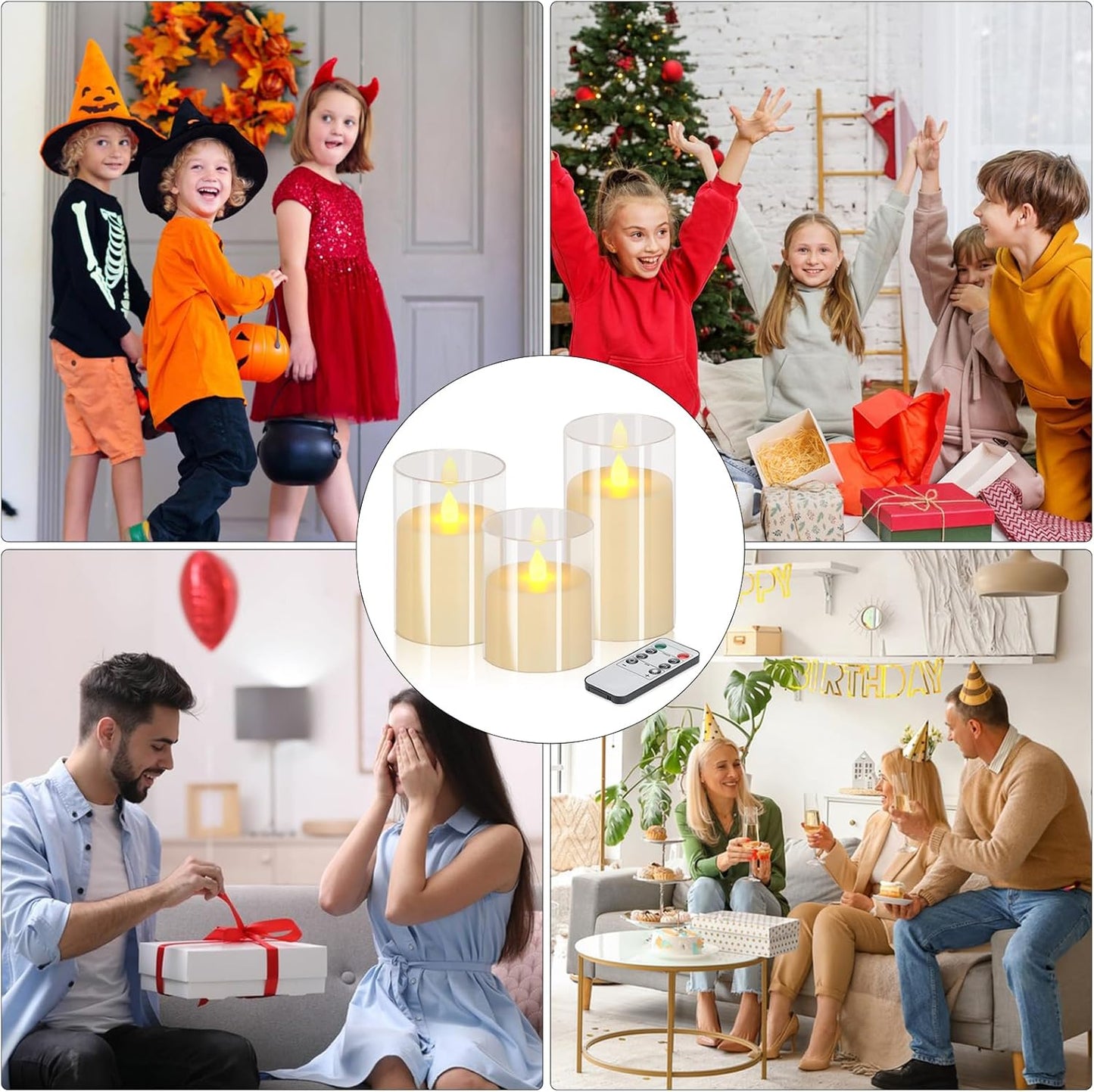 wemarry Flameless Candles 4" 5" 6" Acrylic Glass Pillars 3" Diameter Battery Operated Flickering Candles Include 8-Key Remote with Timer Function 400+ Hours (Gray, Warm Light 3 Pack)