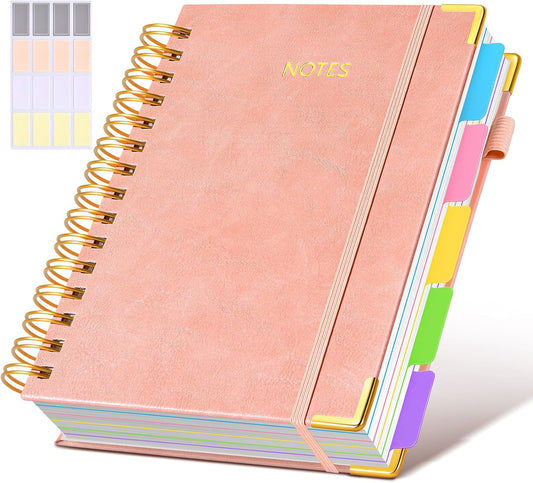 Hardcover Spiral Notebook journal with Removable Dividers Tabs, 300 Pages Leather 5 Subject Notebook College Ruled, 8"x10" Large B5 Notebooks for Work School Note taking, Lined Journal for Women,Black