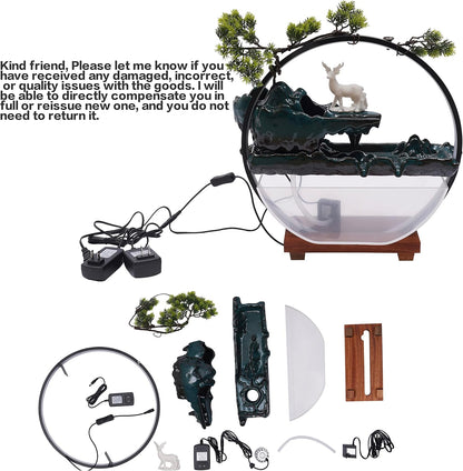 Mini Artificial Bonsai Tree Waterfall Fog Feature Rock Tabletop Fountain | 11in Desktop Decor Waterfall Fountain W/ Water Pump& Atomizer&LED Lights &Fake Tree Office Bedroom Relax