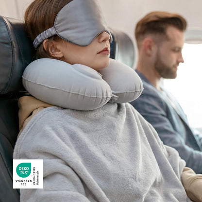 Bedsure Travel Blanket Set with Inflatable Neck Pillow and Eye Mask, Grey
