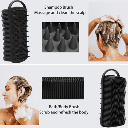 MtBoi 2 PC Silicone Body Scrubber, 2 in 1 Exfoliating Shower Bath Scrubber, Soft Silicone Loofah for Sensitive Skin, Shower Hair Scalp Massager, Easy to Clean, Lather Well (Grey&Black)