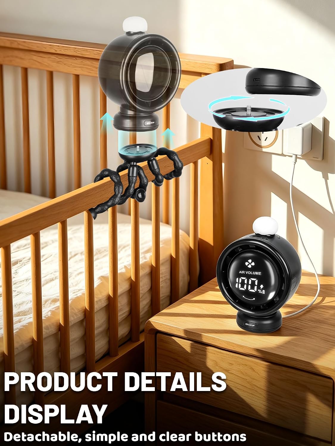 Portable Stroller Fan with 135° Auto Oscillation, 3-Color LED Night Light
