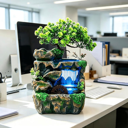 Mini Artificial Bonsai Tree Waterfall Fog Feature Rock Tabletop Fountain | 11in Desktop Decor Waterfall Fountain W/ Water Pump& Atomizer&LED Lights &Fake Tree Office Bedroom Relax