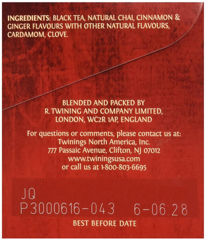 Twinings Chai Black Tea Individually Wrapped Bags, 20 Count (Pack of 2), Sweet, Savoury Spices, Caffeinated, Enjoy Hot or Iced, 20 Teabags