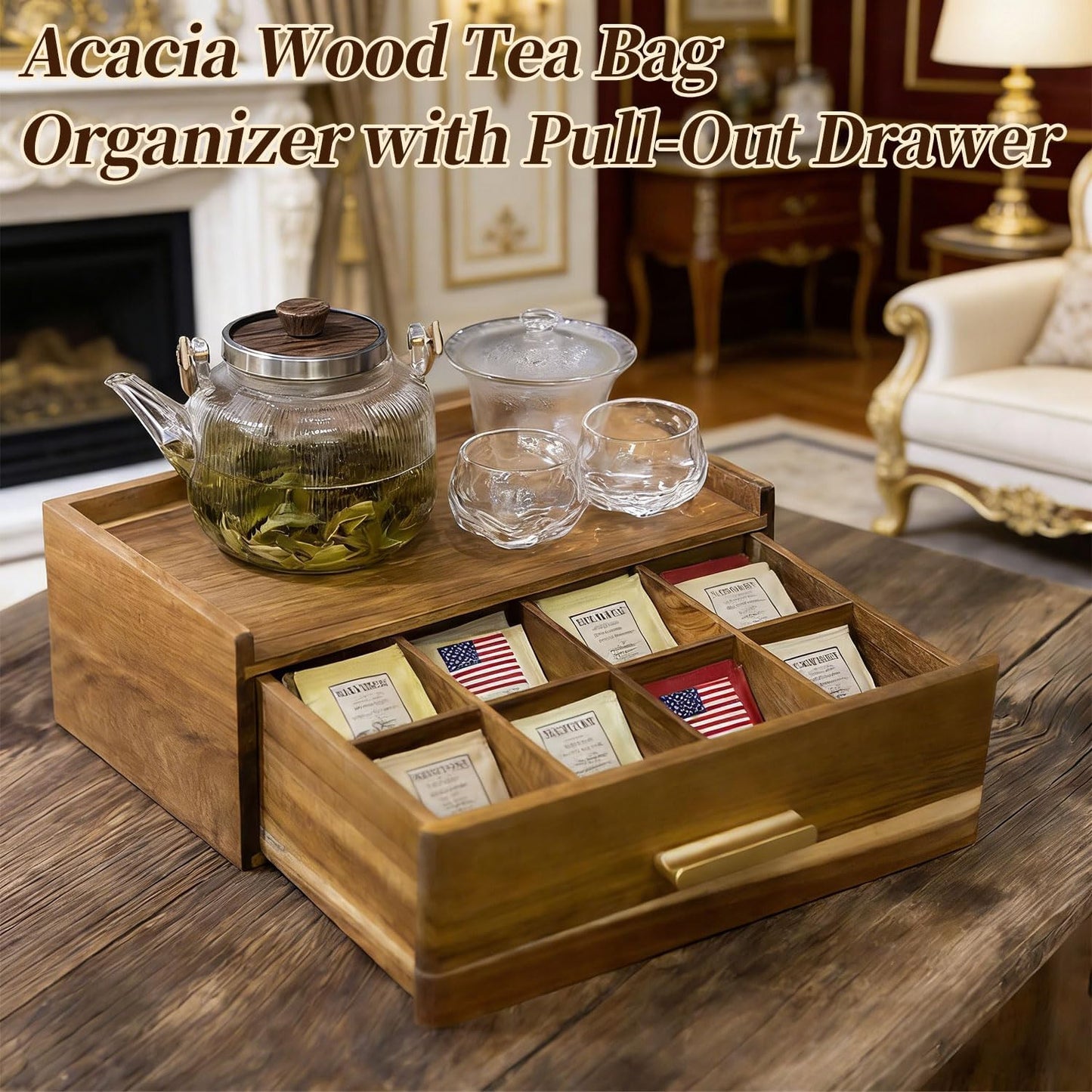Acacia Wood Tea Bag Organizer with Compartments, Tea packet Storage Boxes & Display Caddy, Multi-Slot Teabag Holder Container Chest for Countertop, Organizador de Té