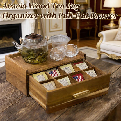 Acacia Wood Tea Bag Organizer with Compartments, Tea packet Storage Boxes & Display Caddy, Multi-Slot Teabag Holder Container Chest for Countertop, Organizador de Té