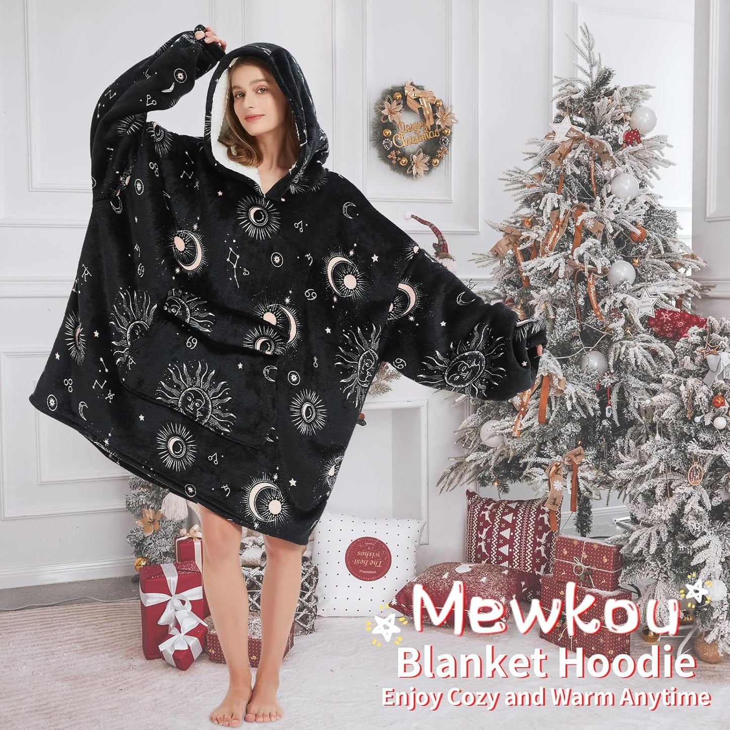 Mewkou Wearable Blanket Hoodie for Adult,Oversized Sherpa Fleece Blanket Hoodie for Women Men,Grey