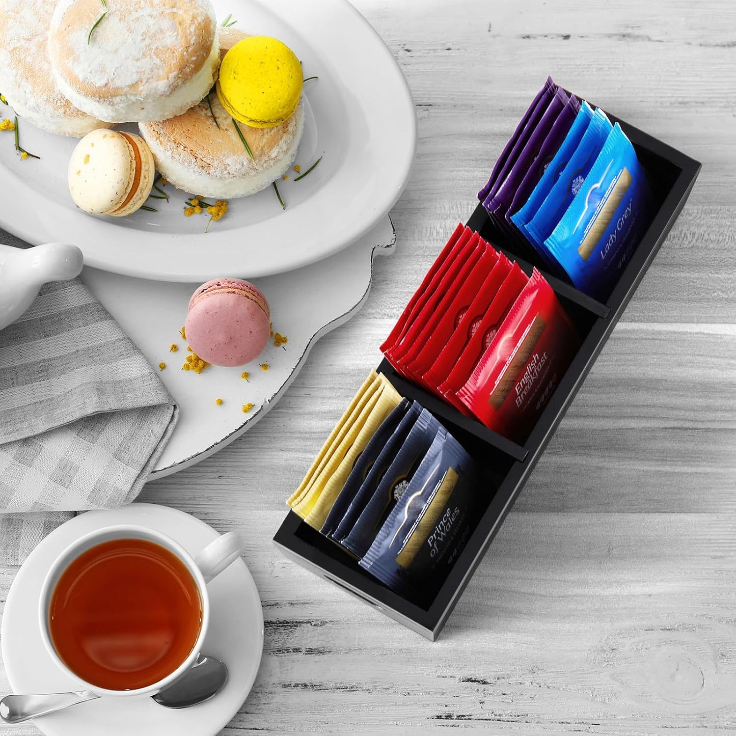 DRASTAR Tea Bag Organizer, Acacia Tea Bag Holder, Tea Storage Containers with 3 Slots, Wooden Tea Storage Accessories, Mini Tea Bag Caddy Box for Countertop