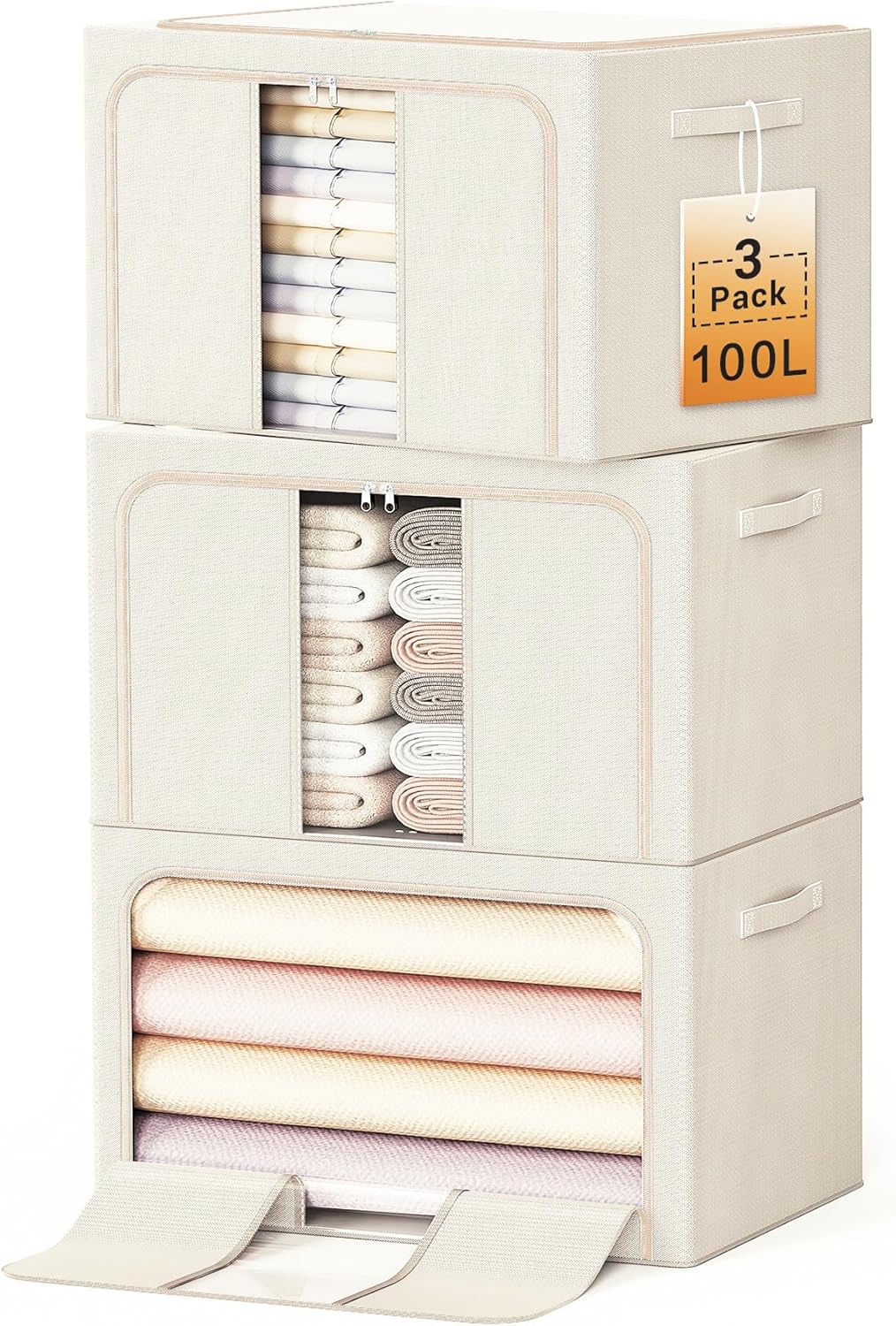 Clothes Storage Bins with Metal Frame Foldable Storage Box Clothes Organizers Storage Containers for Clothes Sheets Blankets Books Toys Gifts and Holiday Decorations (66Lx3 Pack)