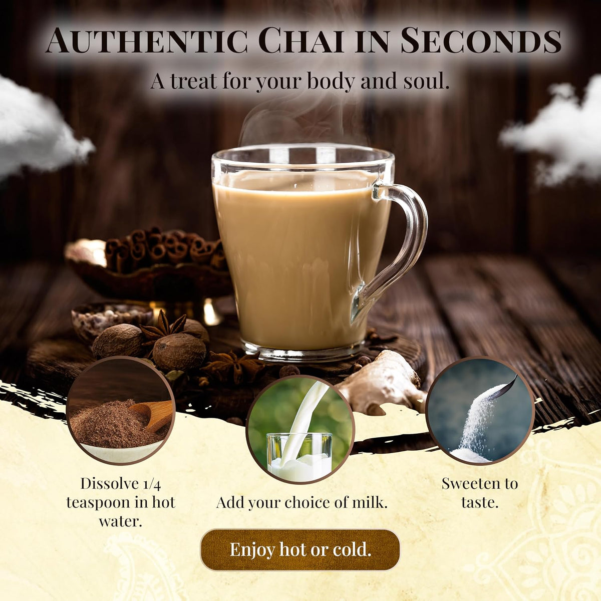 Blue Lotus Chai - Golden Masala Flavor Chai - Makes 100 Cups - 3 Ounce Masala Spiced Chai Powder with Organic Spices - Instant Indian Tea No Steeping - No Gluten