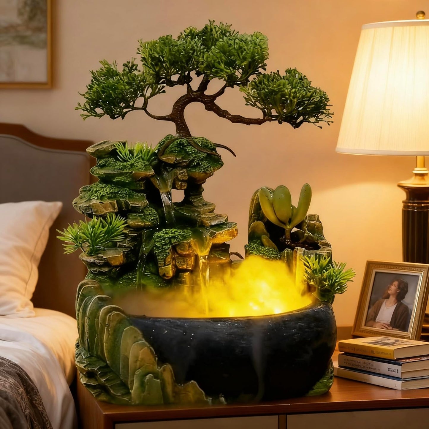 Mini Artificial Bonsai Tree Waterfall Fog Feature Rock Tabletop Fountain | 11in Desktop Decor Waterfall Fountain W/ Water Pump& Atomizer&LED Lights &Fake Tree Office Bedroom Relax