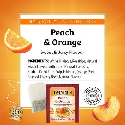 Twinings Peach & Orange Herbal Tea Individually Wrapped Bags, 100 Count (Pack of 1), Juicy & Fruity, Naturally Caffeine-Free, Enjoy Hot or Iced, 100 Teabags