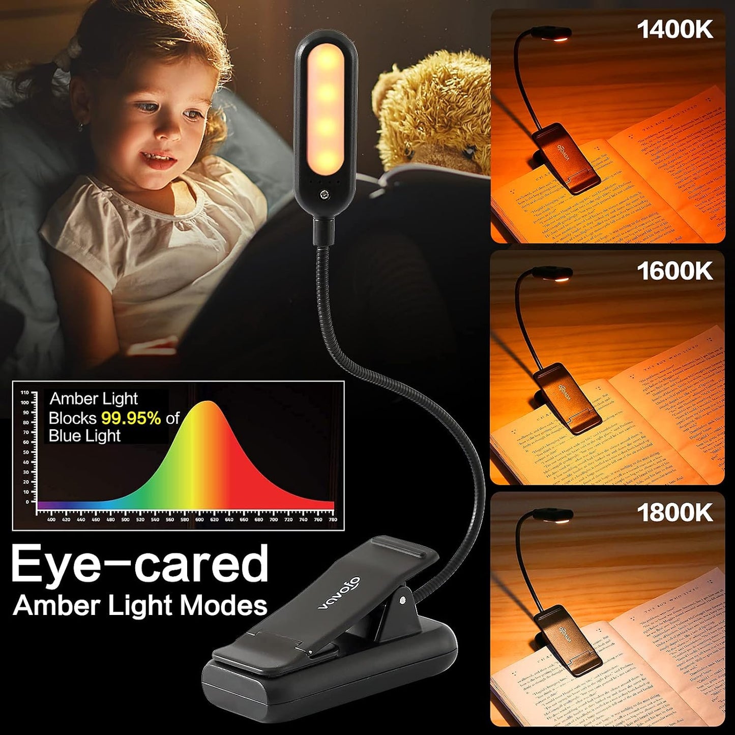 VAVOFO Amber Rechargeable Reading Light, Blue Light Blocking Book Light, 7 LEDs Eye Care 9 Colors 9 Brightness Clip On for Kids Bookworms Reading in Bed with Power Indicator Lasting 70h (Black)