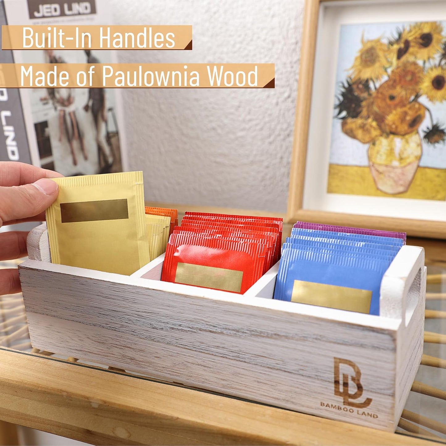 BAMBOO LAND- Small Wooden Tea Bag Organizer, 3 Slot Small Wooden Tea Bag Holder for Countertop, Storage Caddy Box for Tea Packets, Sugar Packet Holder, Kitchen Accessory for Home, Office, Coffee Bar