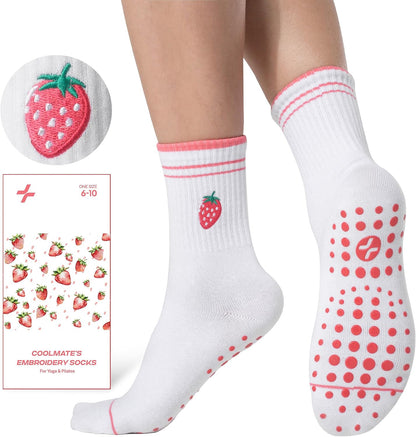 COOLMATE Pilates Socks with Grips for Women, Yoga Socks, Crew Non Slip Women for Barre, Pilates Gifts for Women - Colors A