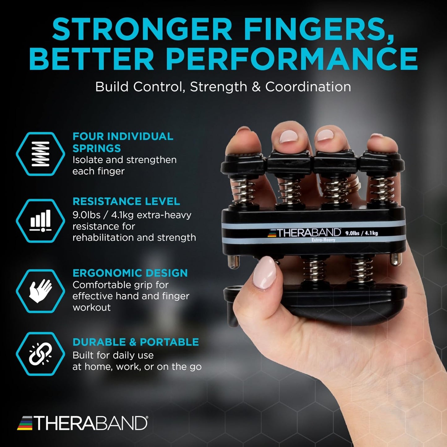 TheraBand Finger Exerciser — Hand & Finger Strengthener for Grip, Dexterity, Arthritis & Rehab — Spring-Loaded, Isolates Each Finger