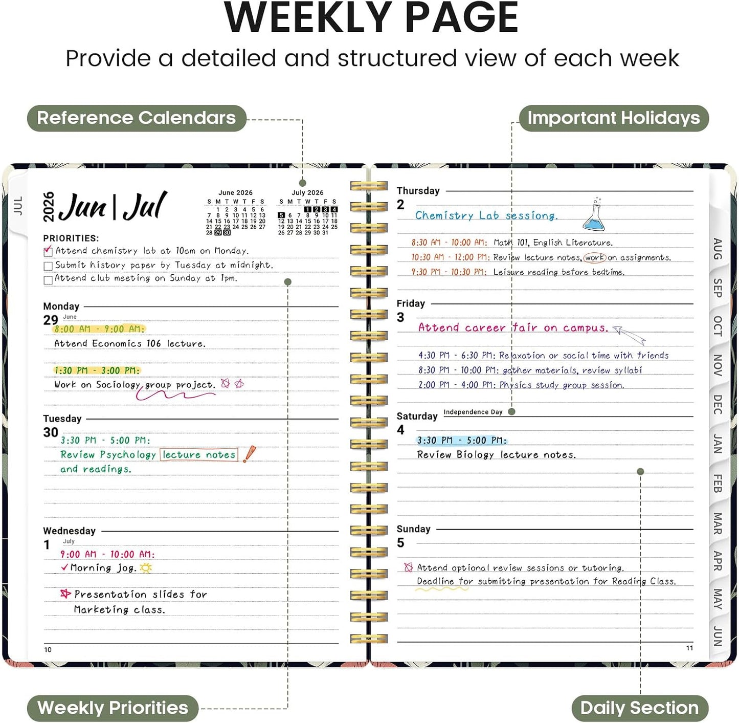 Planner 2026-2027, Academic Monthly and Weekly Calendar Planner for Women, July 2026 - June 2027, Hardcover Pretty Agenda Planner Book with Tabs, Spiral Daily Organizer for School Office Home Supplies, 6.3" x 8.5" - Blue Floral